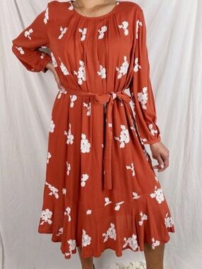 Ces Femme Rust Floral Long Sleeve Tie-Waist Dress